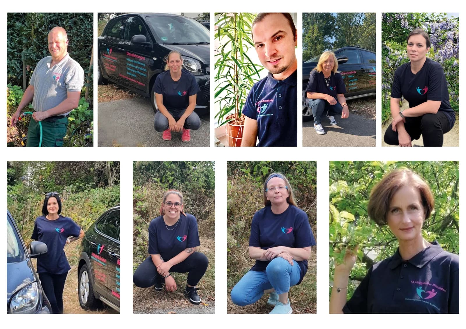 1A Alltagshelfer Team-Collage mit neun Mitarbeitenden aus Pflege, Garten und Alltag