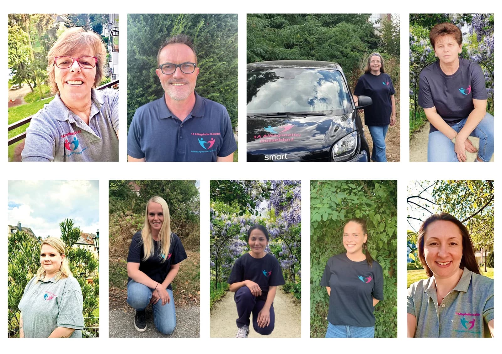 1A Alltagshelfer Team-Collage mit zehn Mitarbeitenden aus Hauswirtschaft und Begleitung